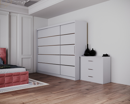 Dormitor Regal cu Pat Tapitat Stofa Roz cu dulap 250*200 usi glisante Alb, noptiere si comoda [1]