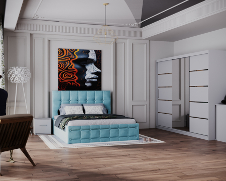 REGAL - Dormitor Regal cu Pat Tapitat Stofa Turcoaz cu dulap 250*200 usi glisante Alb cu Oglinda, noptiere si comoda