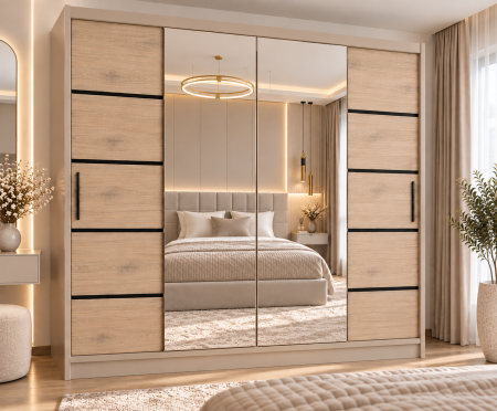 Dressing Viena Cașmir+Sonoma cu uși glisante Detalii Negre 180x200 [1]