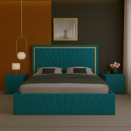 Set Pat Solis cu Banda Aurie Cu Noptiere Tapițate 140x200