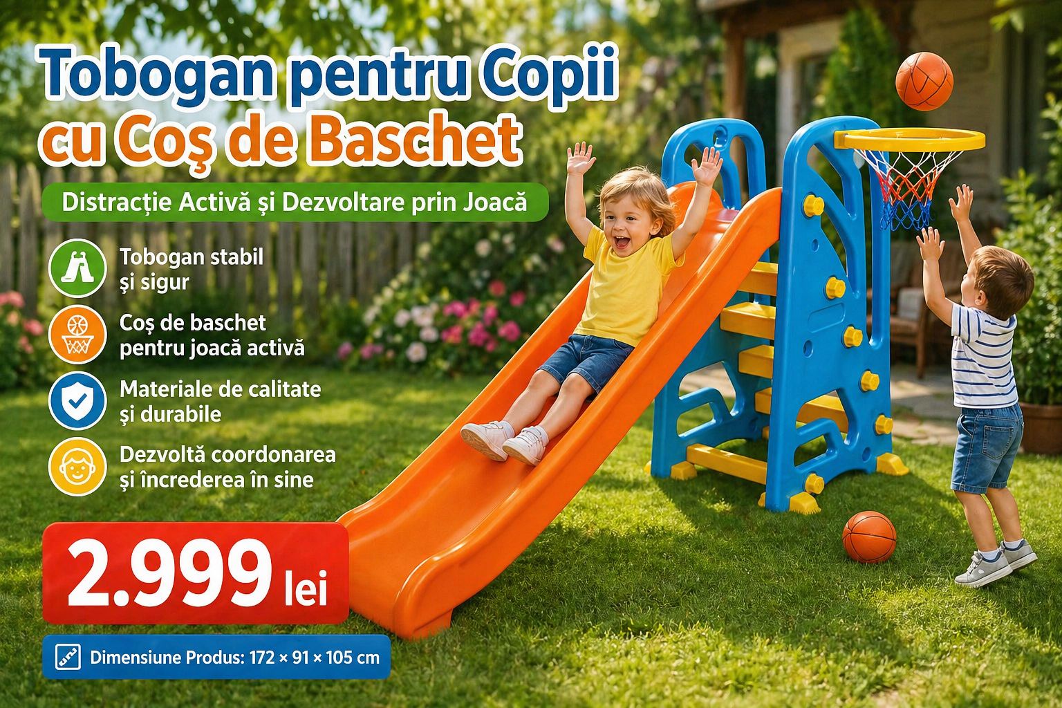 Tobogan pentru Copii cu Coș de Baschet Pilsan „Wavy” – Distracție Activă și Dezvoltare prin Joacă