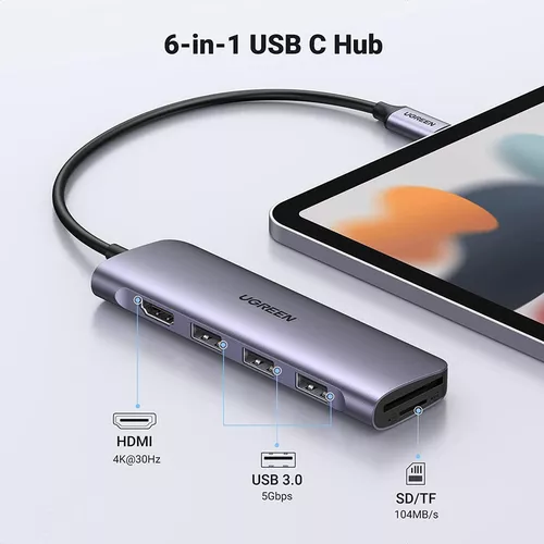 UGREEN HUB 6in1 Type-C 3.0 to HDMI 4K 30Hz + 3*USB-A 3.0 + SD/TF, up to 5Gbps CM195, Space Gray [3]
