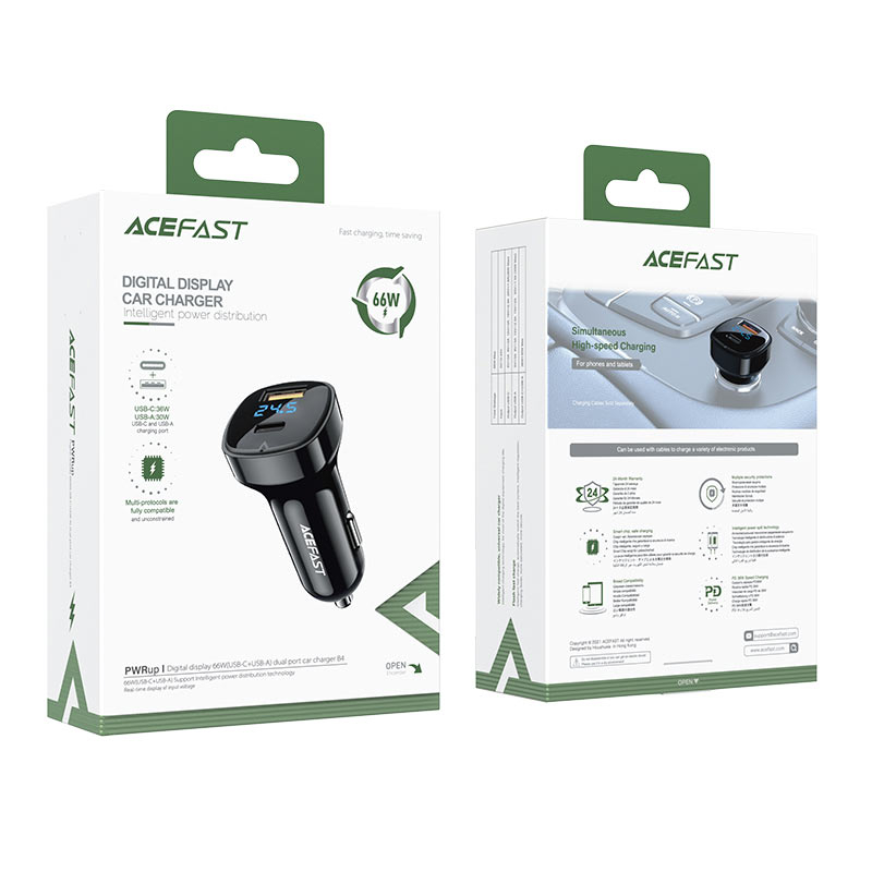 Автомобильное зарядное устройство B4 66W (USB-C + USB-A) с цифровым дисплеем – Быстрая и безопасная зарядка для всех устройств [6]