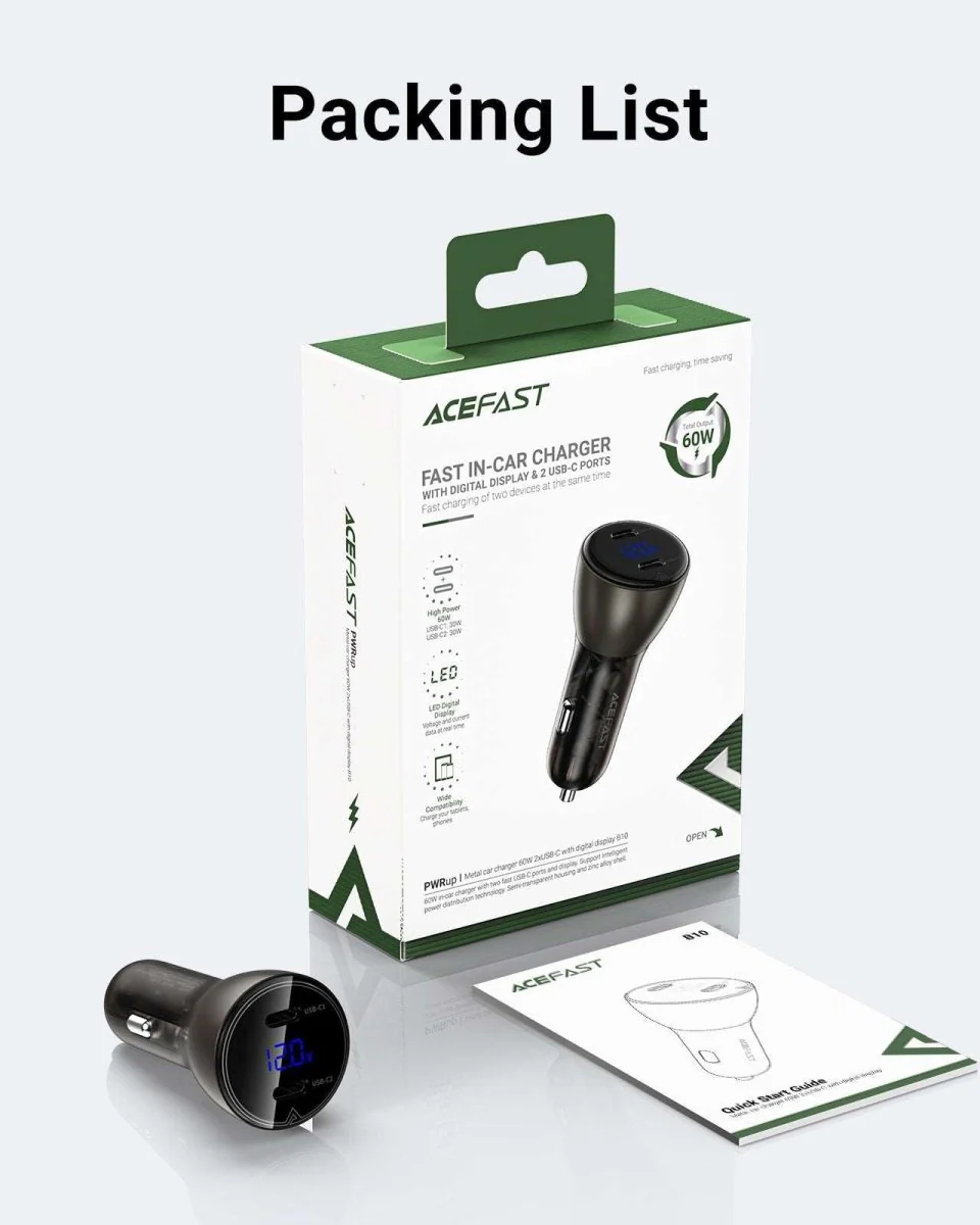 Металлическое автомобильное зарядное устройство B10 60W (USB-C + USB-C) с цифровым дисплеем – Умная зарядка в стильном корпусе [5]