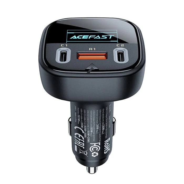 Металлическое автомобильное зарядное устройство B5 101W (2x USB-C + USB-A) с OLED дисплеем – Максимальная мощность для всех ваших устройств [1]