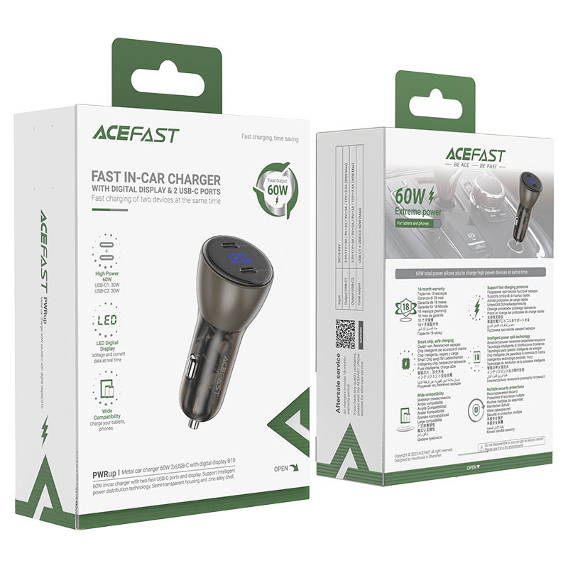 Металлическое автомобильное зарядное устройство B10 60W (USB-C + USB-C) с цифровым дисплеем – Умная зарядка в стильном корпусе [4]