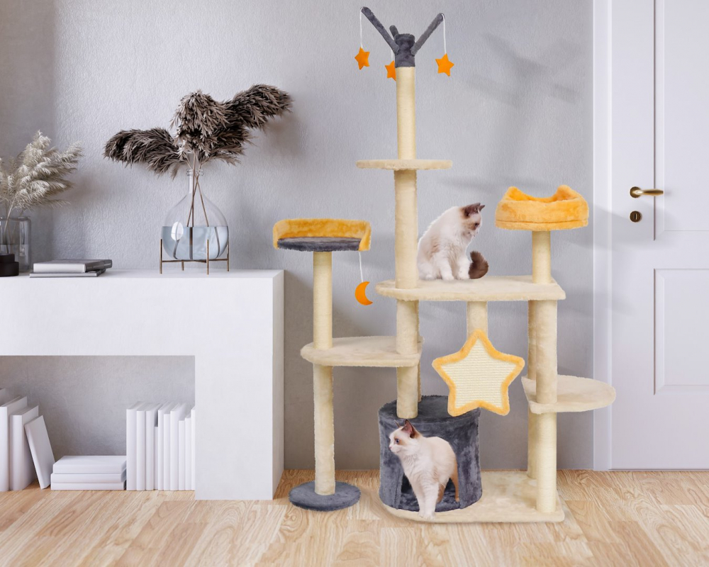 Игровой комплекс для кошек Jumi с платформой, лежанкой и игрушкой, 165x40x92 см, бежевый [7]