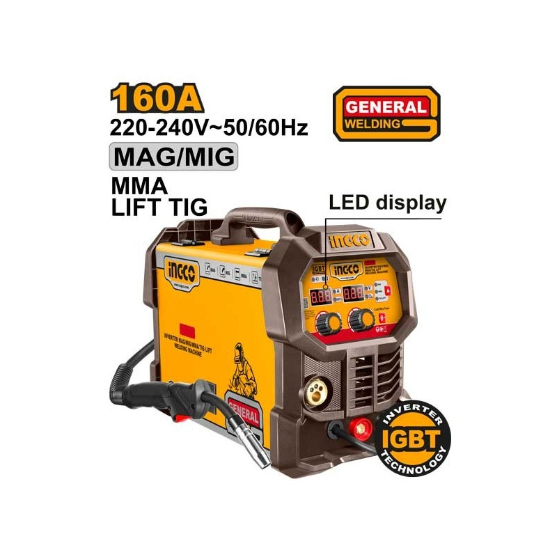 Сварочный полуавтомат INGCO ING-MGT16058 160A – 4 в 1 MIG/MAG + MMA + Lift TIG, LED-дисплей и полный комплект [1]