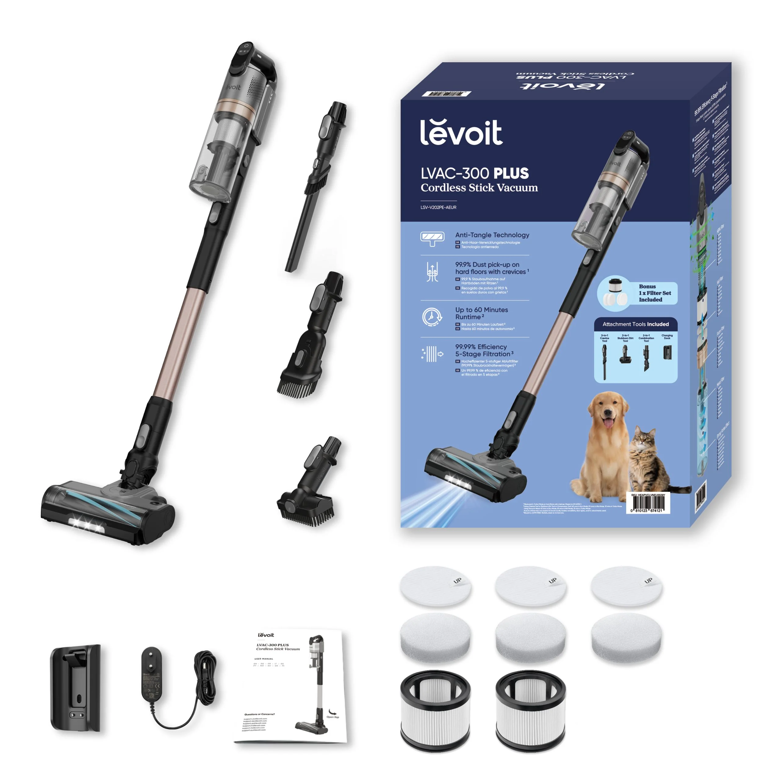 Aspirator vertical fără fir Levoit LVAC-300 Plus (240 W, 60 min, Recipient 750 ml, Self-Standing, HEPA, Negru/Argintiu) [5]