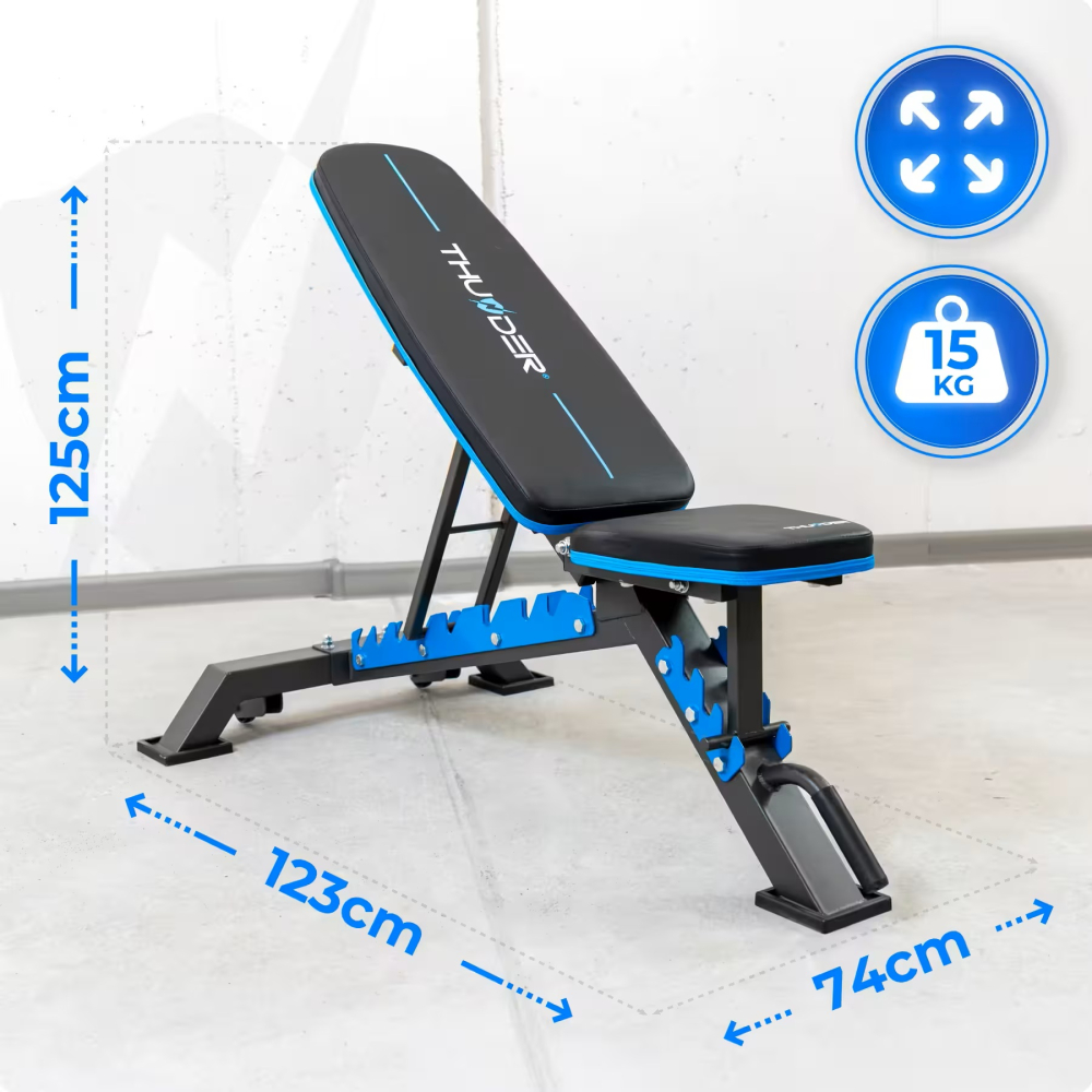 Скамья для тренировок регулируемая THUNDER GRYND – 8 положений спинки + 4 положения сиденья, складная, 15 кг – Полный и безопасный тренинг дома! [7]