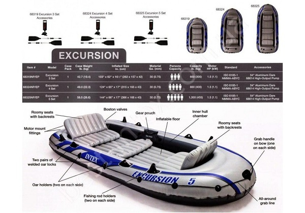 Barcă gonflabilă INTEX Excursion 5 cu vâsle și pompă, 366x168x43 cm, până la 600 kg, 5 persoane – ideală pentru pescuit și relaxare pe apă [4]