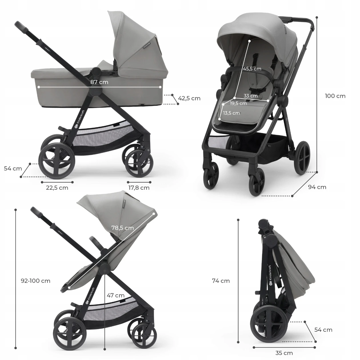 Cărucior Kinderkraft Newly 3în1 Mink Pro Grey (Transformabil, Scaun Auto i-Size, Aluminiu, Gri) [8]