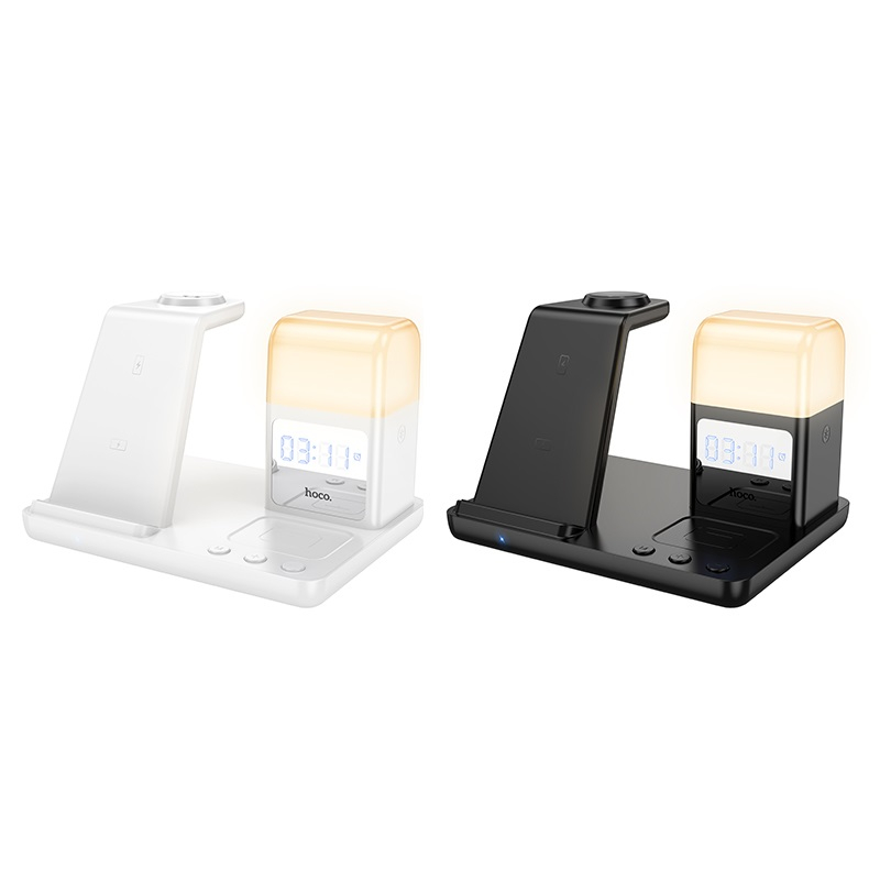 CQ9 Crown încărcător wireless rapid 3-în-1 cu lumină de noapte și ceas alb [1]