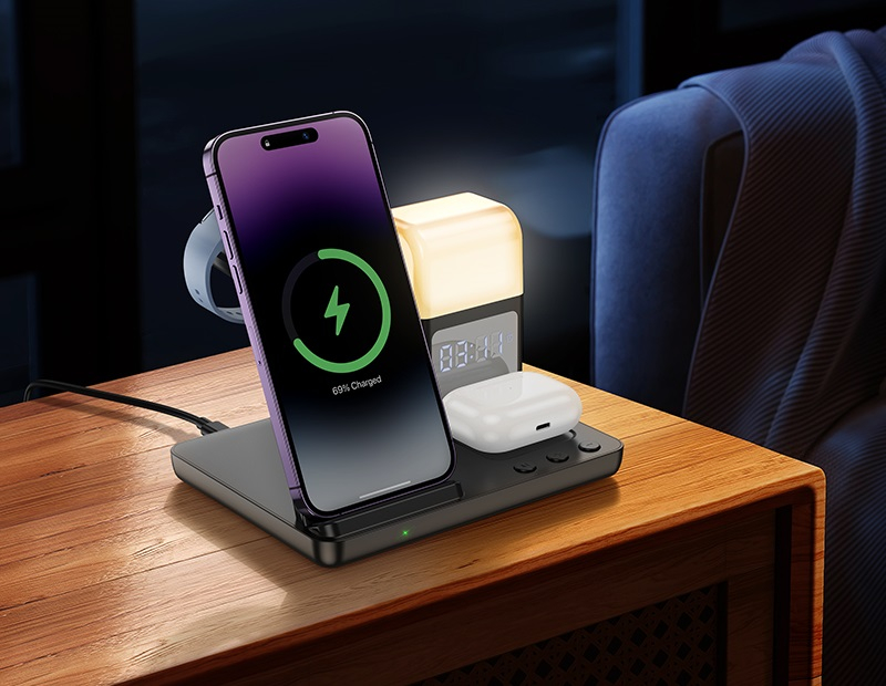 CQ9 Crown încărcător wireless rapid 3-în-1 cu lumină de noapte și ceas negru [1]