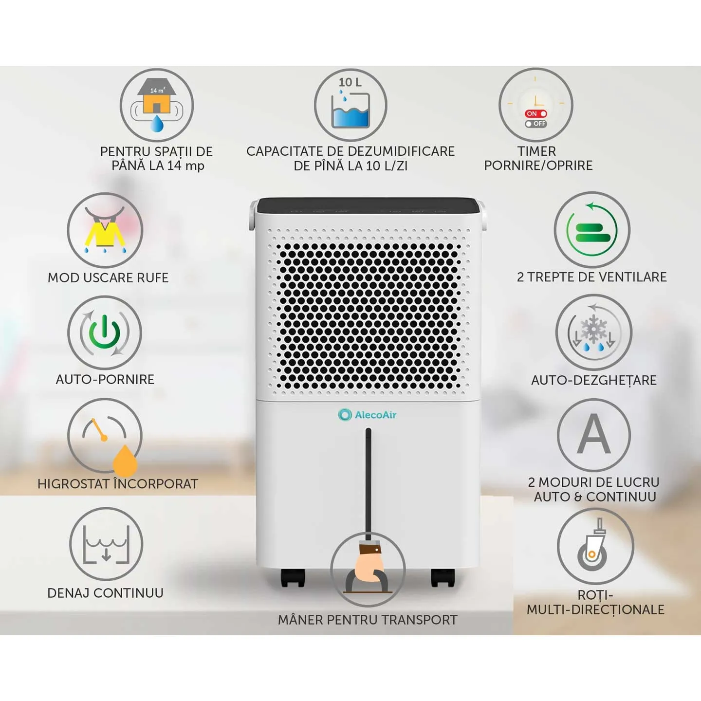 Dezumidificator AlecoAir D10 Junior – 10 L/zi, uscare rufe, display digital, debit aer 80 m³/h, higrostat, timer, auto-restart! [2]