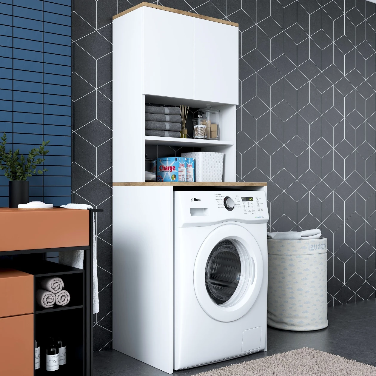 Шкаф над стиральной машиной Rani KD101 Walnut White (3 Полки, ДСП, 65 × 60 × 183.6 см) [2]
