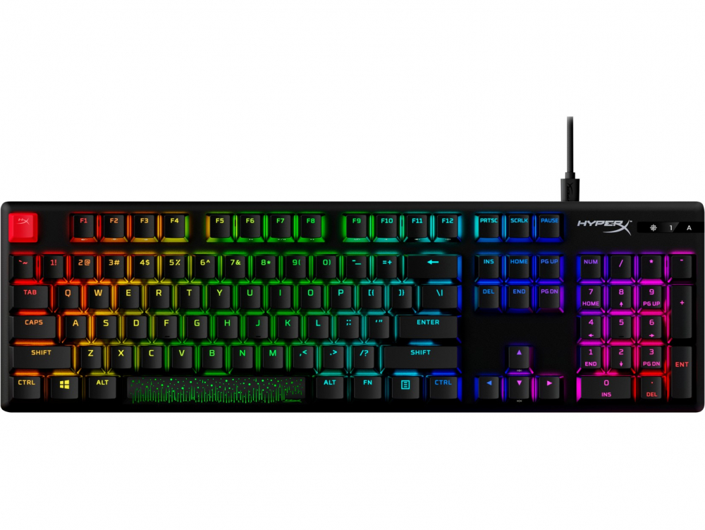 HYPERX Alloy Origins PBT Mechanical Gaming Keyboard (US Layout), HyperX Aqua - Tactile key switch, High-quality, Durable PBT keycaps, Backlight (RGB), 100% anti-ghosting, Key rollover: 6-key / N-key modes, Ultra-portable design, Solid-steel frame, USB [1]