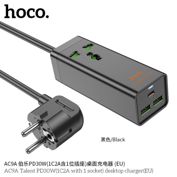 Настольное зарядное устройство AC9A Talent – розетка + 3 USB-порта (USB-C PD30W + 2x USB-A), европейский стандарт [4]