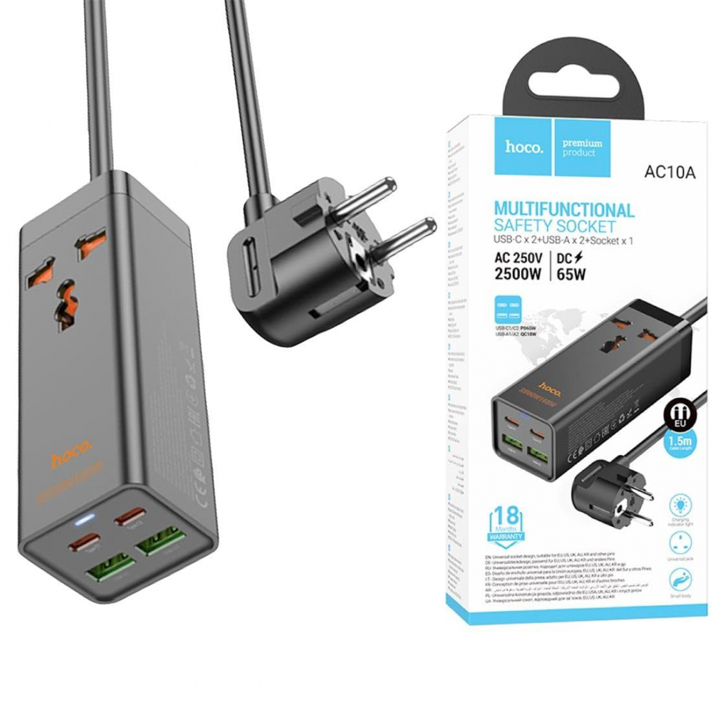 Настольное зарядное устройство AC10A Barry PD65W GaN – 2 USB-C, 2 USB-A и розетка (черный, EU) [4]