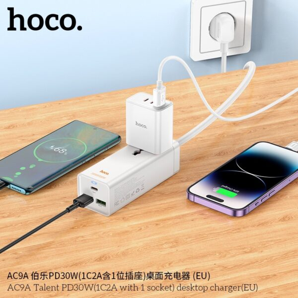 Настольное зарядное устройство AC9A Talent PD30W (1 розетка + 3 порта USB, белое, европейский стандарт) [2]
