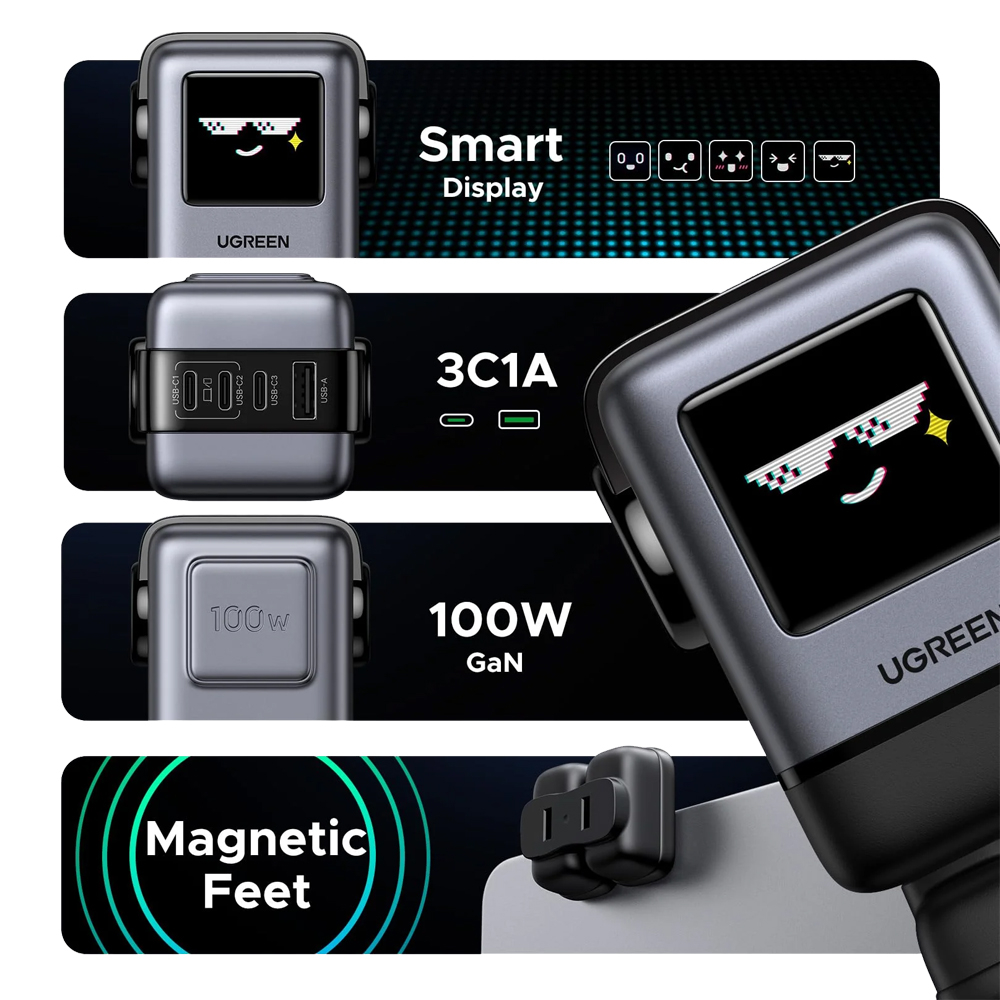 Încărcător priză UGREEN UNO Robot GaN Fast Charger 100W (3x USB-C + 1x USB-A), Black [2]