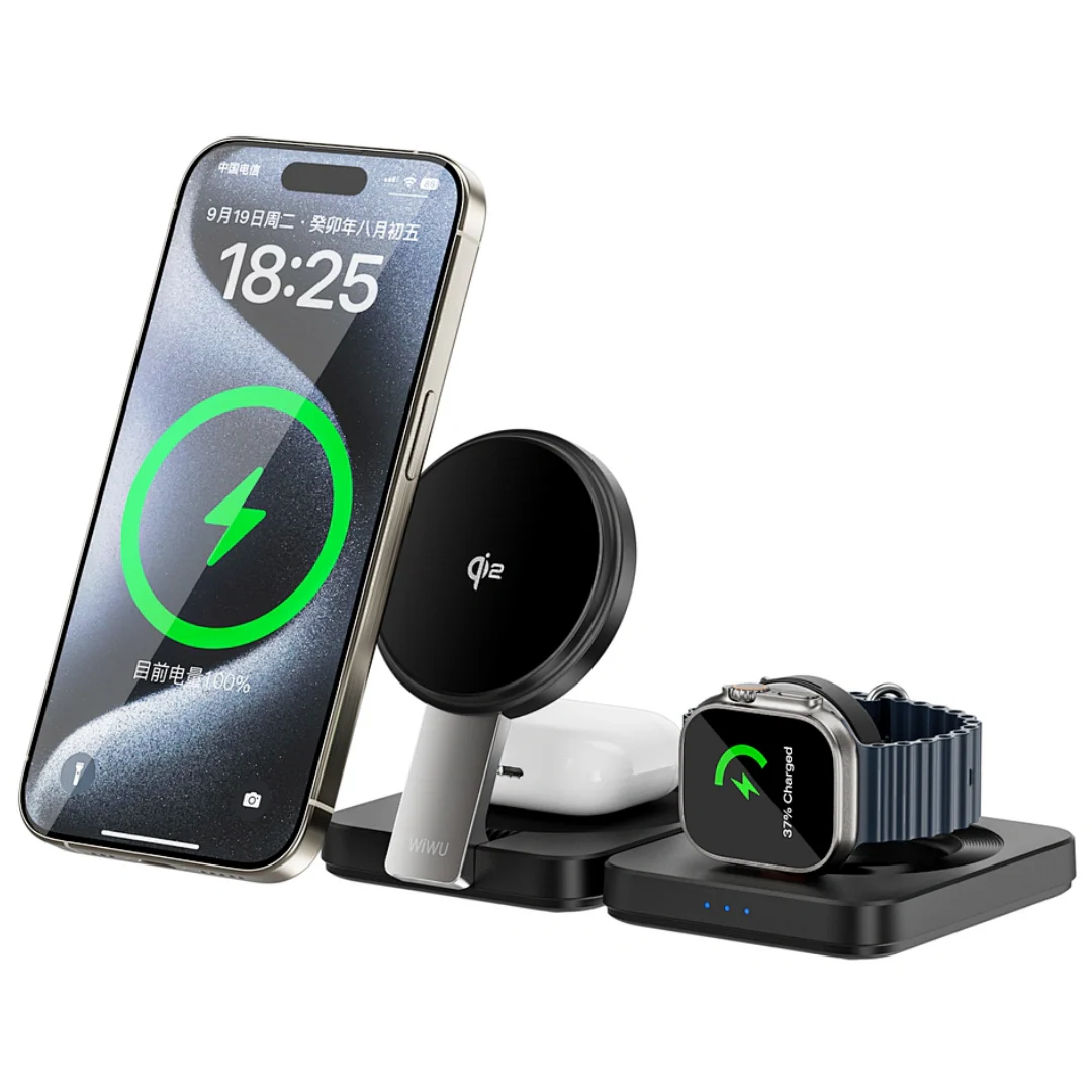 Складное беспроводное зарядное устройство 3 в 1 Qi2.0 Wi-W028, Черное — для смартфона, часов и наушников [2]