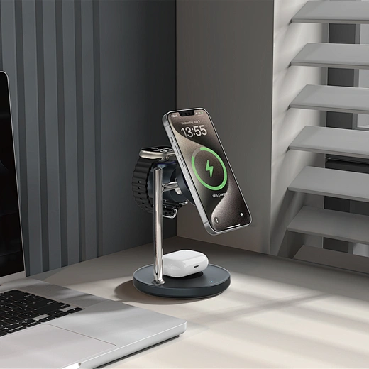 Беспроводная зарядная станция WiWU Qi2.2 3-in-1 Space Station Wi-W041 Чёрная – Быстрая зарядка 25W + активное воздушное охлаждение для iPhone, Apple Watch и AirPods! [3]