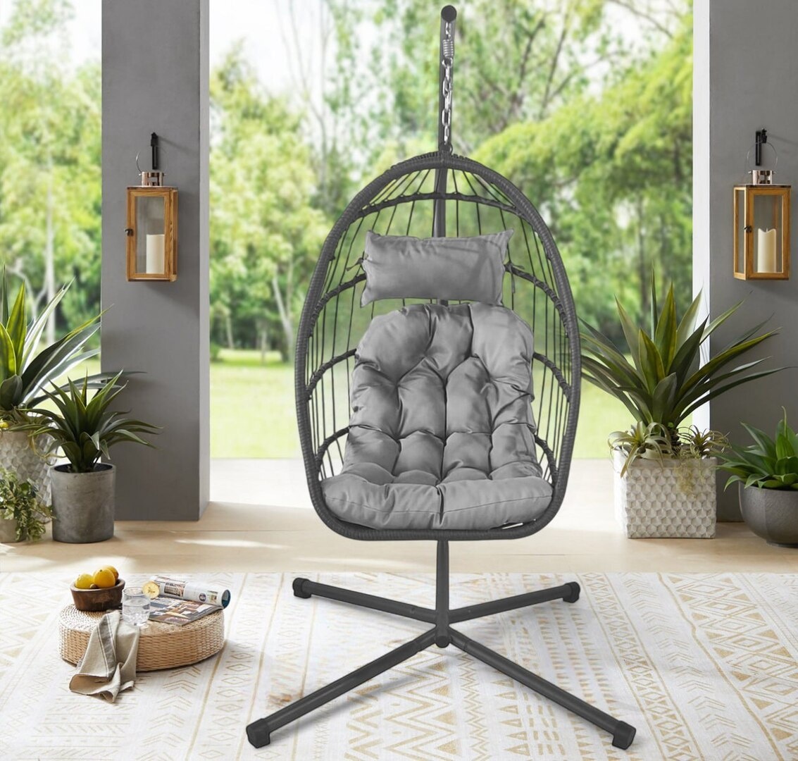 Leagan tip cuib Jumi, cu suport inclus, perna inclusa, pliabil, Gri [2]