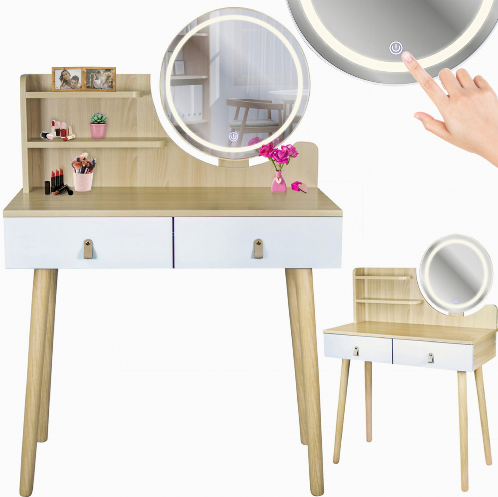 Masă de machiaj SCANDI cu oglindă LED rotundă 40 cm, albă/buc, 122x80x40 cm, MDF [2]