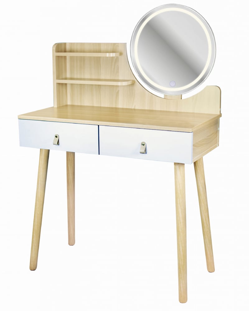 Masă de machiaj SCANDI cu oglindă LED rotundă 40 cm, albă/buc, 122x80x40 cm, MDF [4]