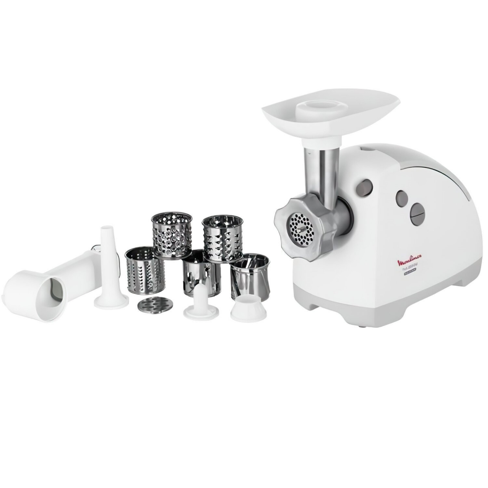 Meat Mincer Moulinex ME626132,  2000W power output,2 perforated discs 4,7/8mm, sausage and kebbe stuffers, 5 grating and slicing attachments, grinding speed 2,6kg / min,  white [5]