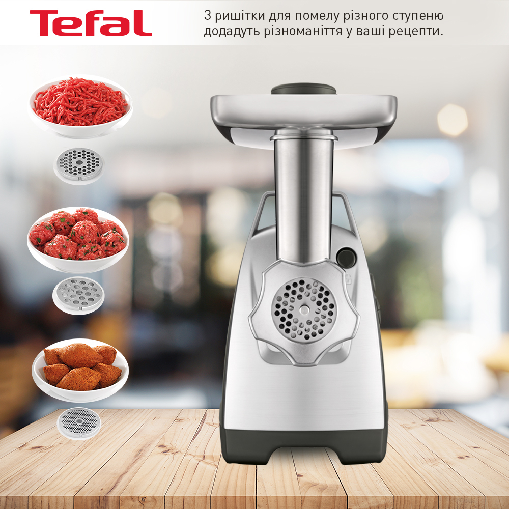 Meat Mincer Tefal NE688837Putere:  2200 WMaterialul carcasei:  Metal, Plastic Capacitatea de mărunșire :  4,5 kg/mFuncție reversAccesoriu pentru cârnați [3]