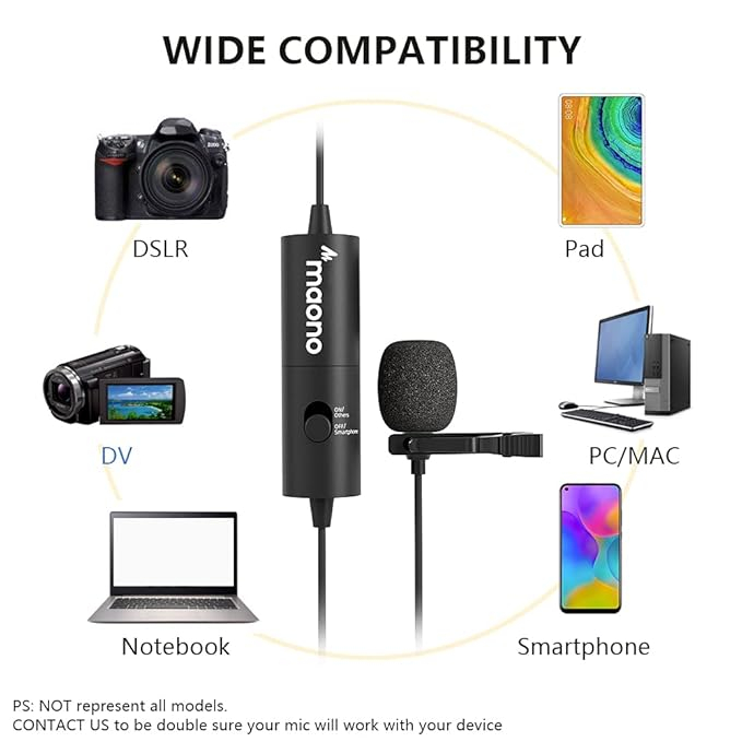 Microfon Lavalier Omnidirecțional Clip-On pentru guler, pentru telefon mobil, cameră, cu cablu audio de 6 m, mufă TRRS de 3,5 mm și adaptor de 6,35 mm (Negru) [3]