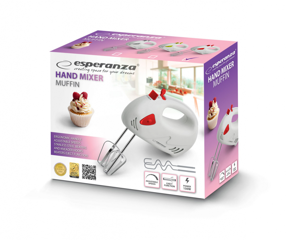 Mixer de mână Esperanza MUFFIN EKM007R, 150W, viteze ajustabile, accesorii incluse [2]