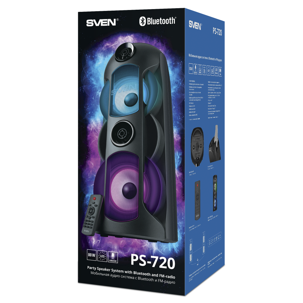 Partybox SVEN "PS-720" 80w, Black, Bluetooth, TWS, Bluetooth, FM, USB, microSD, 2x4400mA*h [9]