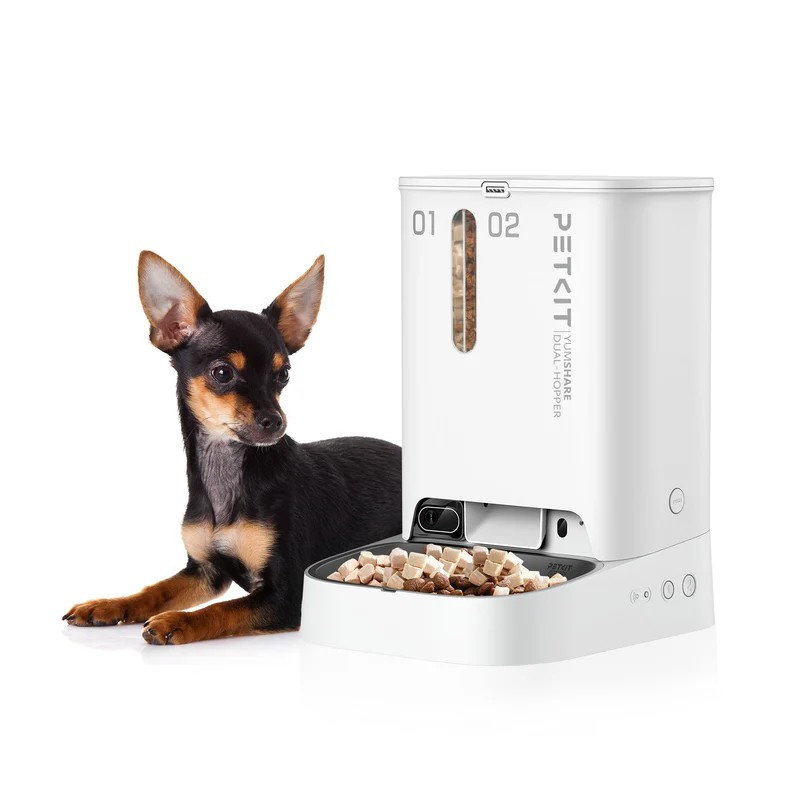 Petkit YumShare Dual-hopper Smart Pet Feeder with camera, Wi-Fi and Bluetooth connection, 304 stainless steel, Capacity: 5L(2.5kg), Personlized Meal Call/Voice Call, Normal dry food, freeze dried food, App control, Emergency Power Supply 60 days, Size 362*263*247mm, white [9]