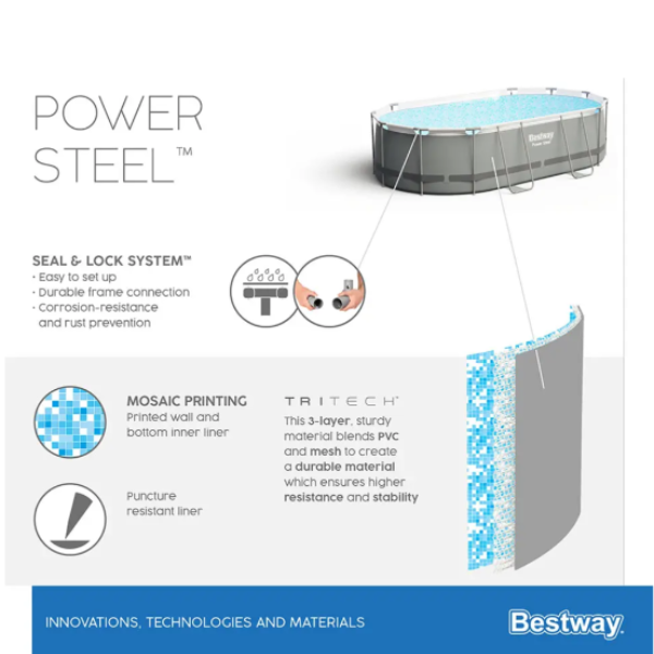 Bestway Piscină Power Steel Oval 427x250x100 cm, 7250L, cu cadru metalic + pompă 2006 L/oră, scară [6]
