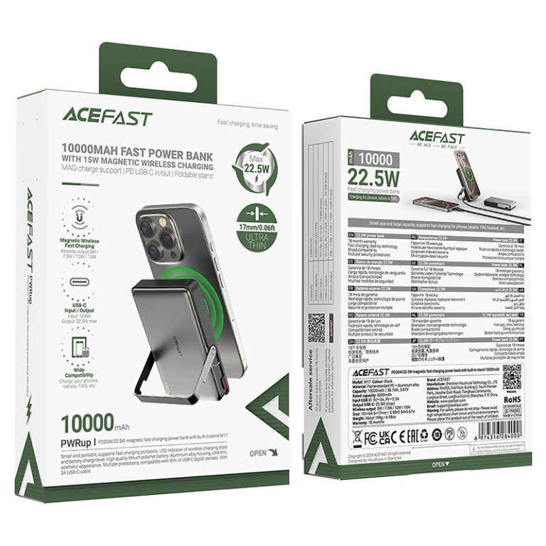 Магнитный Powerbank M17 со стойкой, Быстрая зарядка PD20W/22.5W, Беспроводная 15W, 10000mAh, Черный [5]