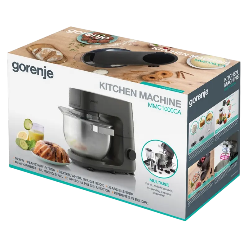 Robot de bucătărie Gorenje MMC1000CA (1000W, Bol 6L Inox, Blender Sticlă 1.5L, Mașină de tocat carne, 6 Viteze + Pulse, Negru) [6]