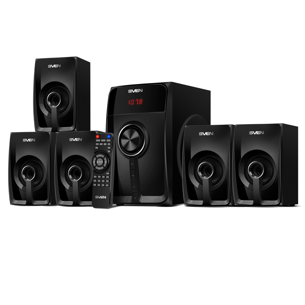 Акустическая система SVEN HT-202 Black – 5.1, 100 Вт RMS, Bluetooth, FM, USB/SD, LED-дисплей, Пульт ДУ, Дерево [1]