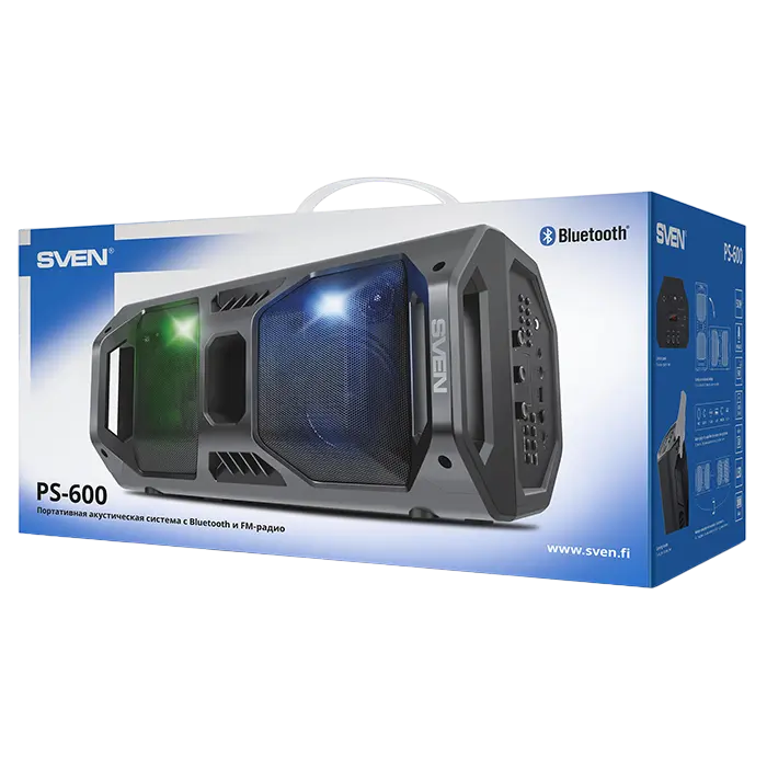 Boxă portabilă SVEN PS-600, 50W RMS, Bluetooth, LED, Radio FM, autonomie 10 ore, Negru [6]