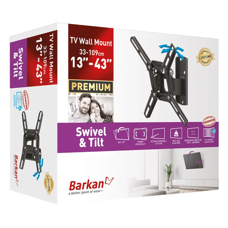 Кронштейн настенный поворотный BARKAN 2200 Чёрный (13-43 дюйма, до 30 кг) – Полная свобода движения [3]
