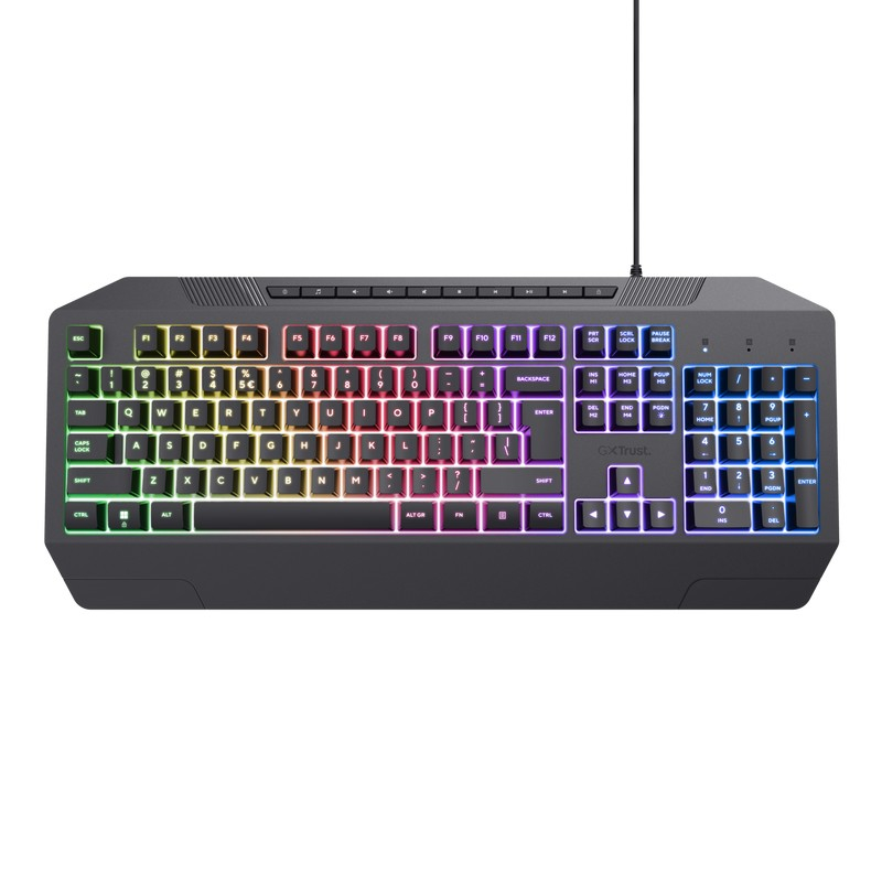 Trust Gaming GXT 836 EVOCX Illuminated Keyboard, rainbow wave RGB and soft-touch keys, 25 Key Anti-Ghosting, 12 direct access media keys, USB, US, Black [1]