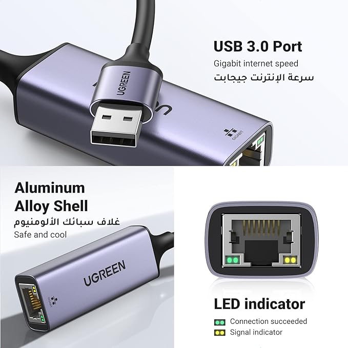 UGREEN Adapter USB-A 3.0 to RJ45 1Gbps, up to 480 Mbps, Support IEEE 802.3, 802.3, 15cm CR111, Black [5]