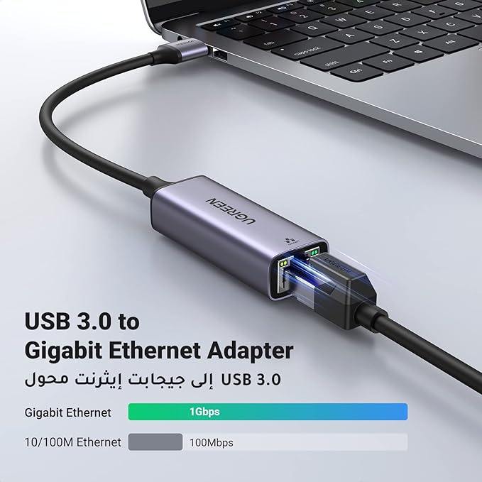 UGREEN Adapter USB-A 3.0 to RJ45 1Gbps, up to 480 Mbps, Support IEEE 802.3, 802.3, 15cm CR111, Black [2]