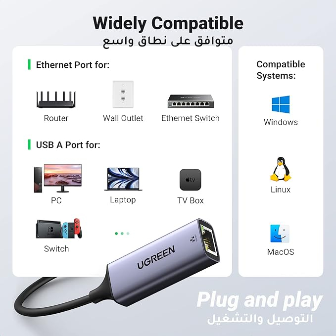 UGREEN Adapter USB-A 3.0 to RJ45 1Gbps, up to 480 Mbps, Support IEEE 802.3, 802.3, 15cm CR111, Black [4]