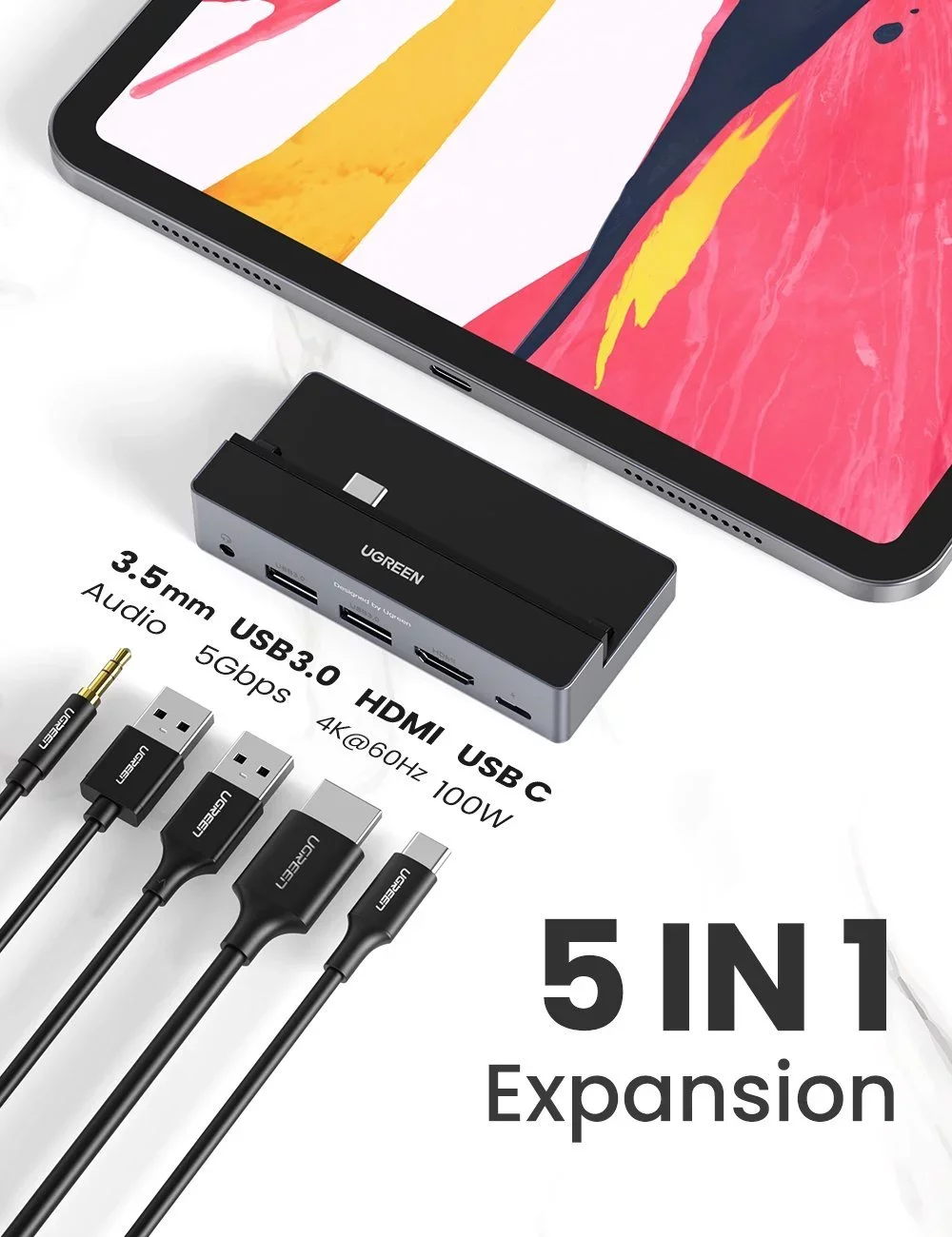 UGREEN HUB 5in1 USB-C Multifunction Adapter for iPad Pro CM317, Silver [3]