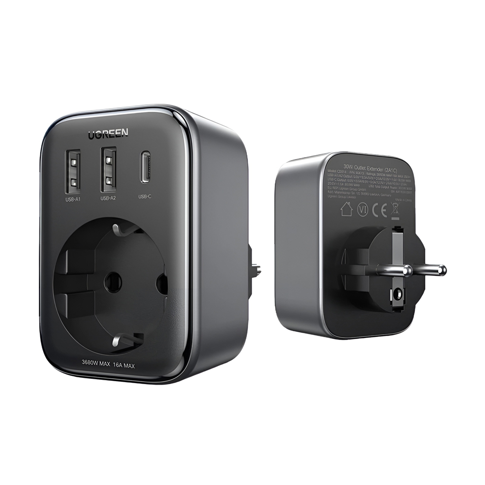 UGREEN Удлинитель с розеткой и зарядкой 30W (2 x USB-A + USB-C + розетка AC), черный – CD314 [2]