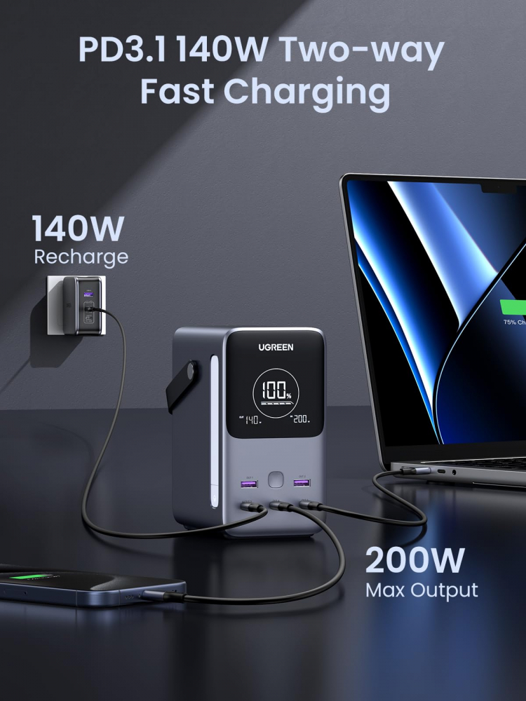 Внешний аккумулятор UGREEN 48000mAh, Быстрая двусторонняя зарядка, 300W, Серый [3]