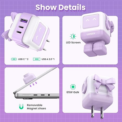 UGREEN Robot GaN Tech Fast Charger USB-A+2*USB-C 65W, Purple [3]